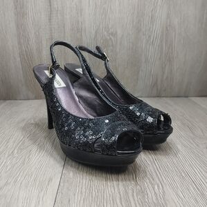 Steve Madden Heels Peep Toe Slingback Black Sequin‎ Party Shoes Creemms 4"  7.5